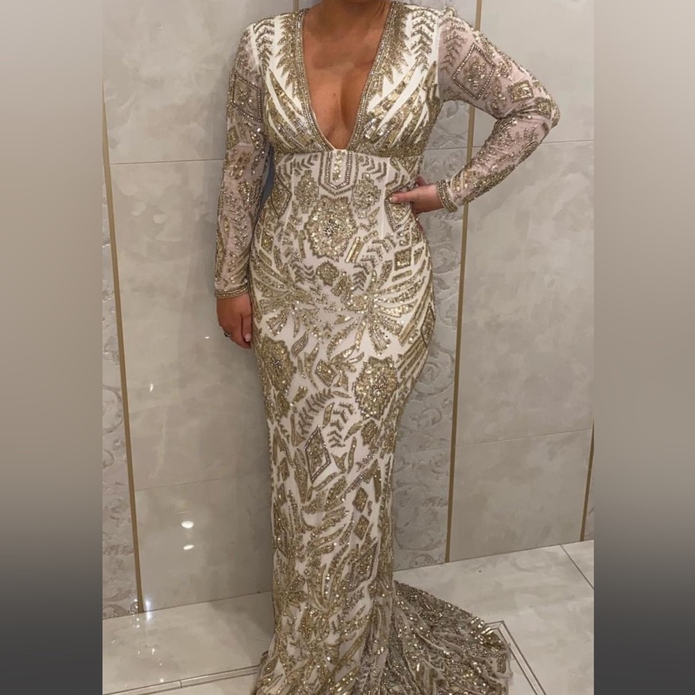 Sherri hill white and gold beaded gown open back long sleeves